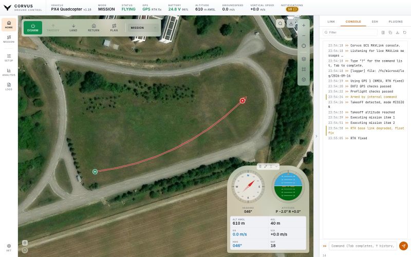 The MAVLink console open in the right-hand workspace next to the live map, listing timestamped messages with a command field underneath.