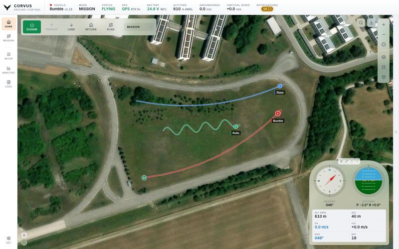 The Home map with three vehicles at once: a quadrotor called Bumble in the theme red flying a curved track, a second quadrotor called Zippy in blue on a gentle curve along the north of the field, and a rover called Rollo in green driving snaking lines across the meadow, each with its name under the marker.