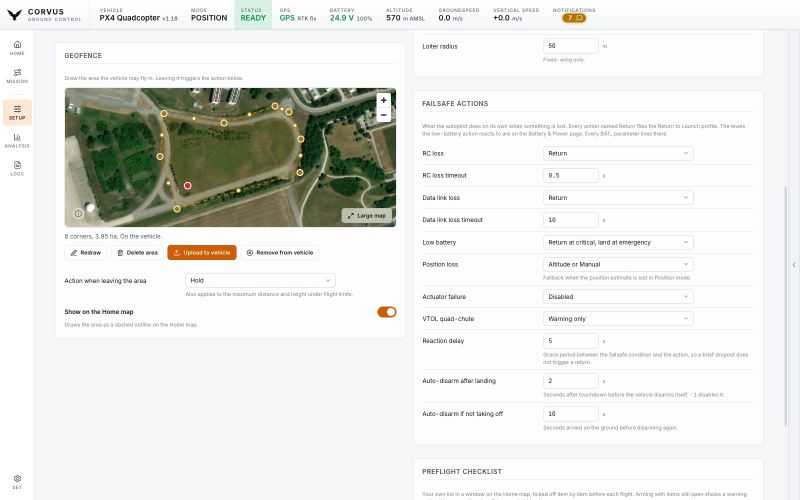 The Geofence card on the Safety and Sensors page: an eight-corner area along the edge of the field on a satellite map, its size, the action when leaving it, and the line saying the vehicle has this area.
