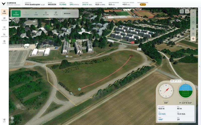 The map tilted into 3D over the operator's own 20 cm surface model: the field with its trees and the roofs around it in relief, the geofence as a dashed outline along the field's edge, the flown track and the aircraft at its altitude.