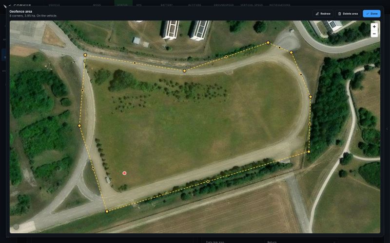 The geofence on the large map in the blue theme: the eight corners of the area along the field as handles, a handle in the middle of every edge, and the Redraw, Delete area and Done buttons above.