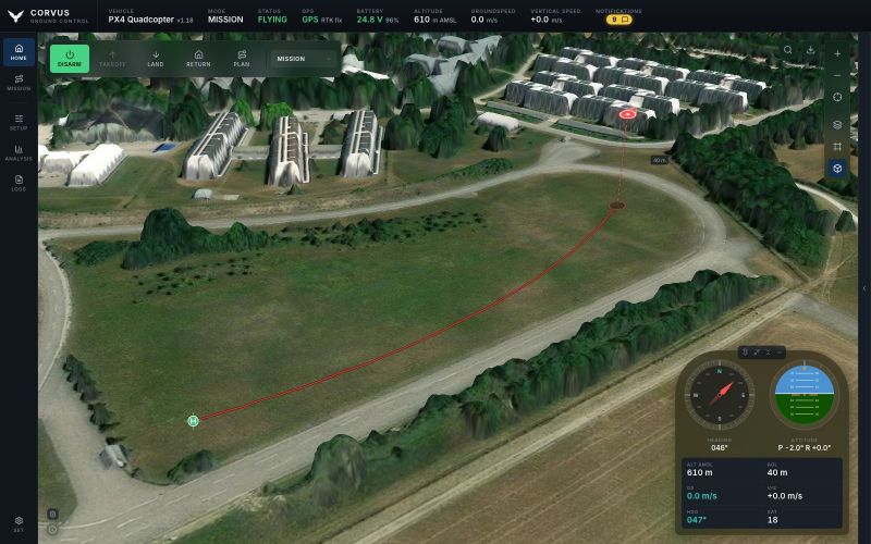 The map tilted into 3D in the blue theme over a 20 cm surface model made of three DOM tiles: the field with its rows of trees in relief, the buildings around it with their real roofs, the flown track, and the aircraft drawn above the ground at its altitude.