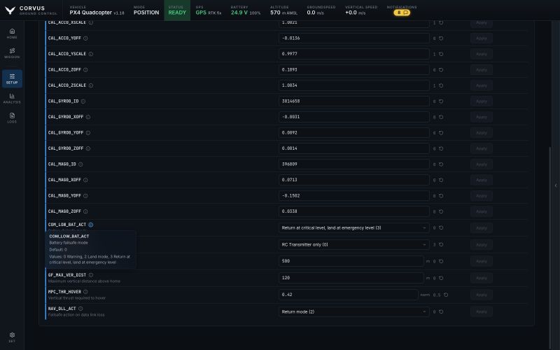 The parameter editor in the blue theme with the information popover of the battery failsafe open: what the parameter does, its default and the values it takes.