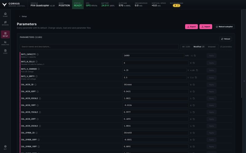 The parameter editor in the pink theme, filtered to the modified parameters: battery and sensor calibration values, each next to its PX4 default and a reset button.