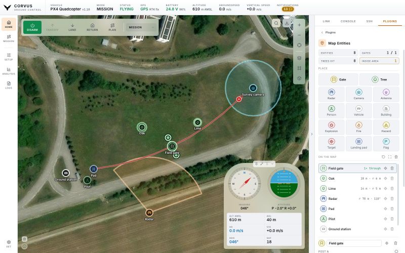 The Map Entities plugin beside the map: a gate across the flown track, two trees beside it, a radar sector and the people at the start, with the gate selected in the plugin's list and editor.