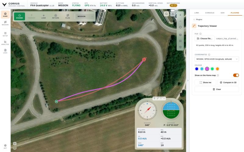 The Trajectory Viewer plugin: a planned route read from a file drawn in pink under the flown track, with the file, its coordinate frame and colour in the side panel.